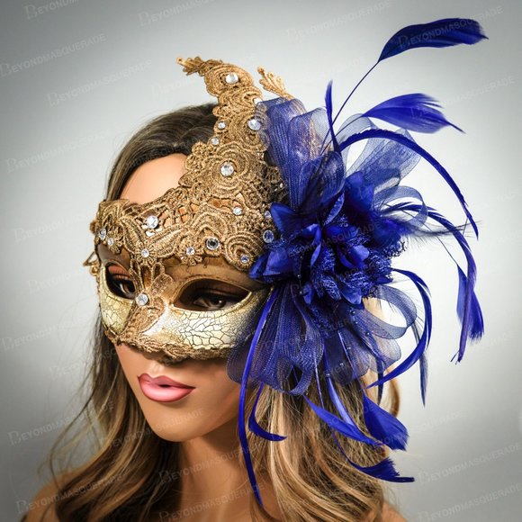 Blue feather masquerade mask mardi gras halloween - Picture 2 of 3